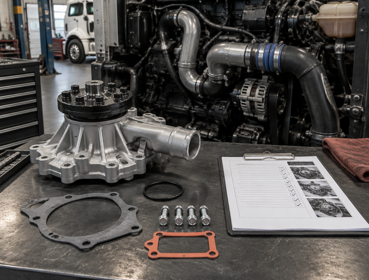 New diesel water pump and gaskets arranged for a qualifying truck repair