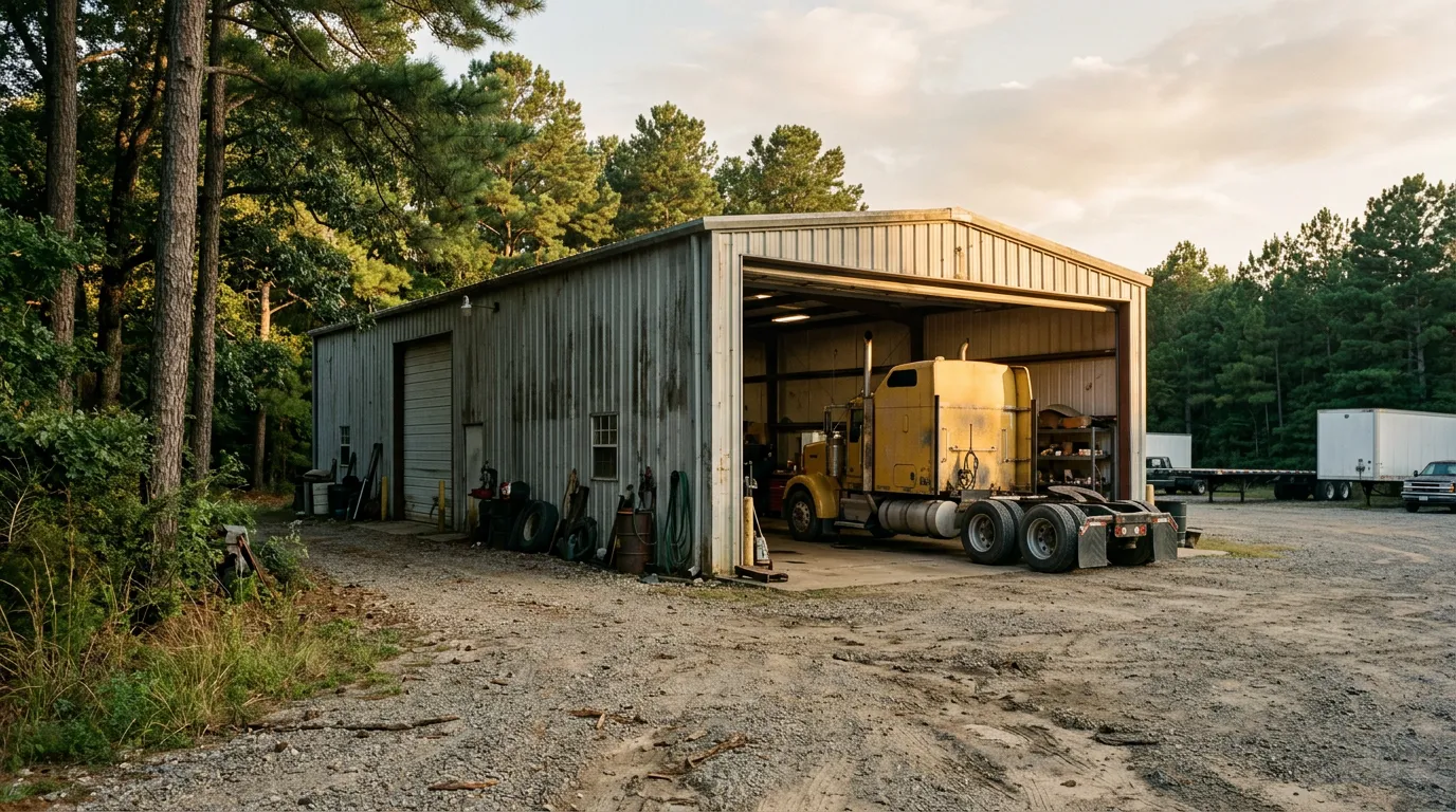 Rural East Texas diesel truck shop at golden hour with a yellow semi tractor in the open service bay