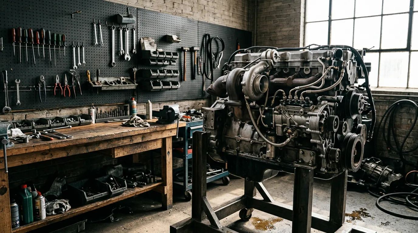 Heavy-duty diesel engine on a stand showing turbocharger and injector lines by a shop workbench