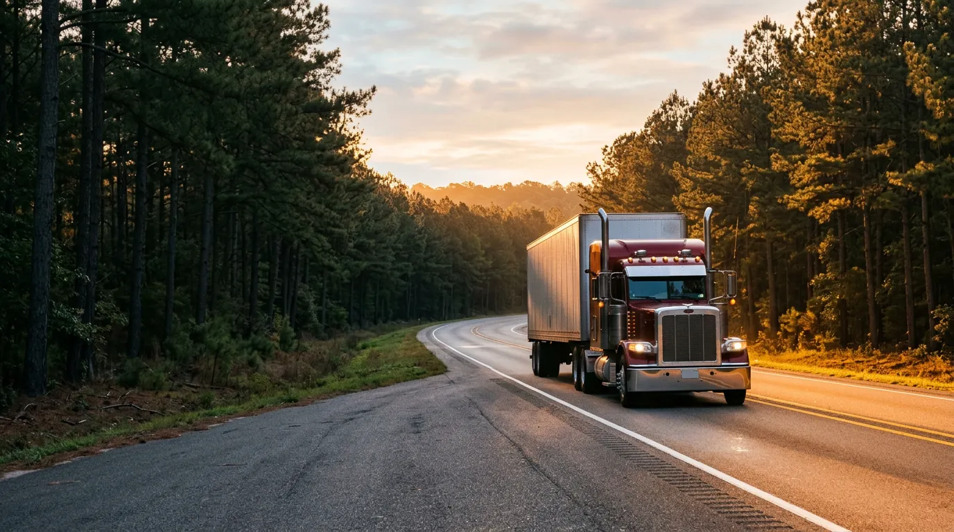 Dark red semi truck driving a pine-lined East Texas highway at sunrise