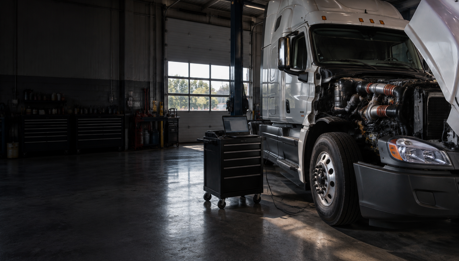 Clean semi truck repair bay with an open hood and connected diagnostic cart