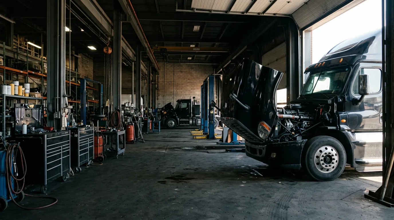 Black semi tractor with tilted hood showing a clean diesel engine inside a truck service bay