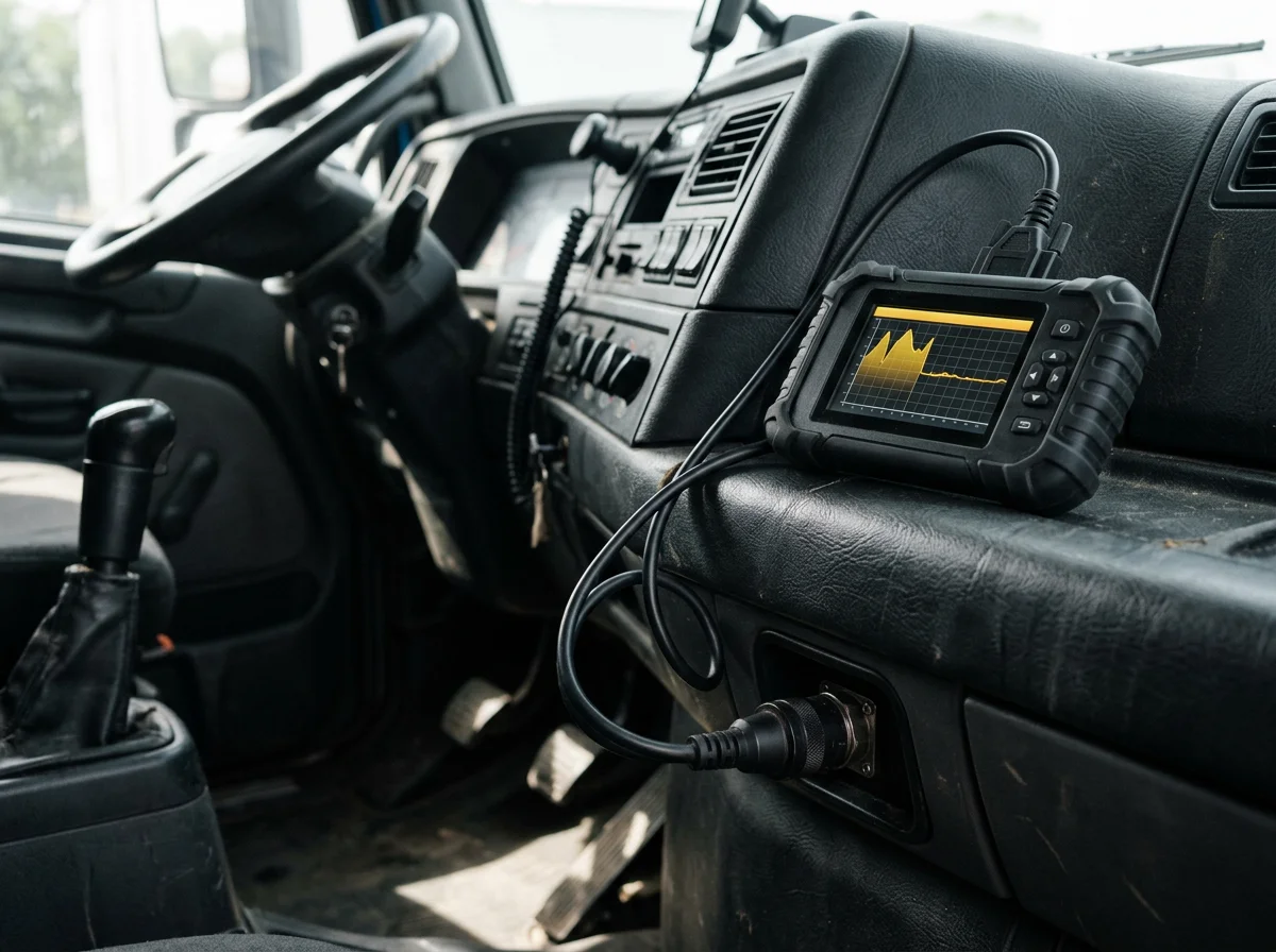 Diesel diagnostic scanner connected to a truck cab diagnostic port