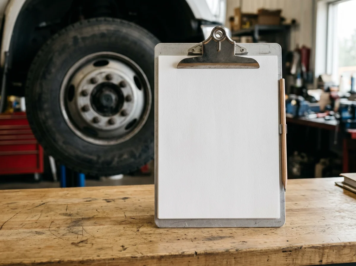 Blank estimate clipboard beside a heavy-duty truck in a repair bay