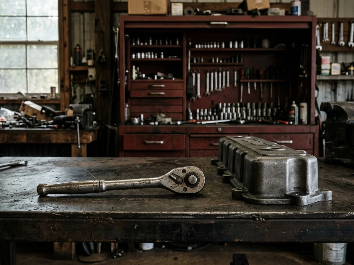 Ratchet beside a diesel engine valve cover on a family workshop bench