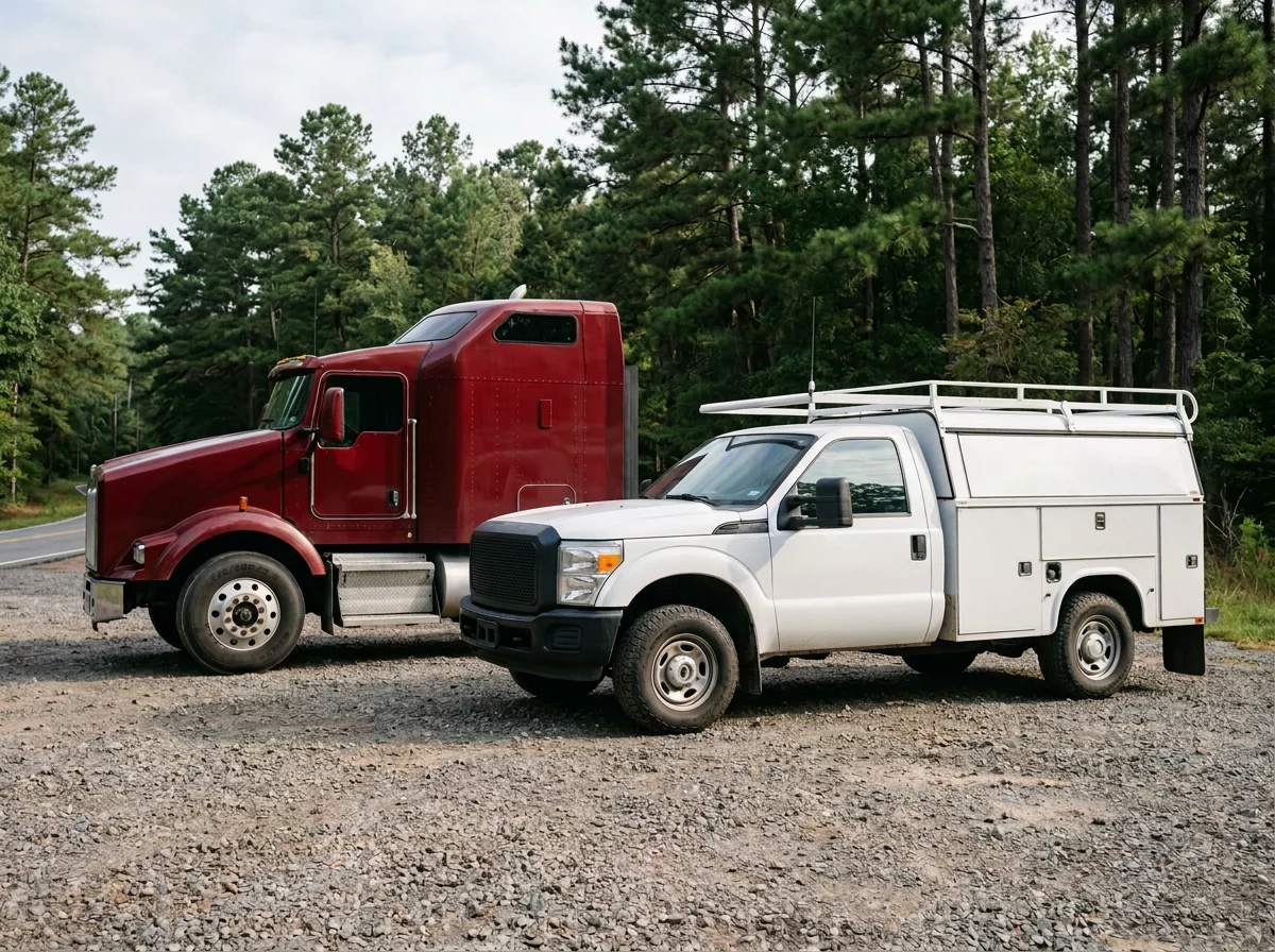 Unbranded mobile service pickup beside a red semi truck on an East Texas roadside