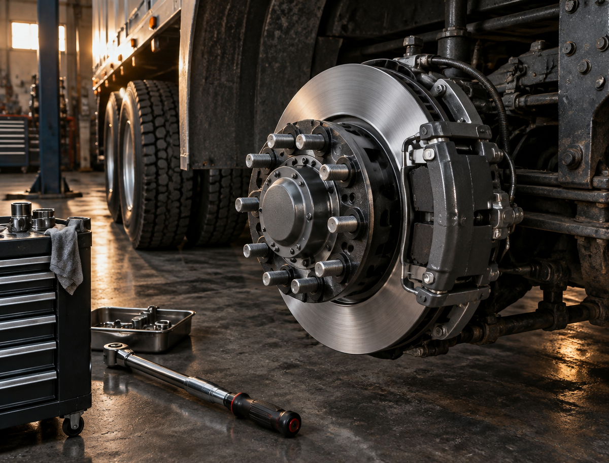 Freshly serviced heavy-duty wheel hub and brake assembly ready for final inspection