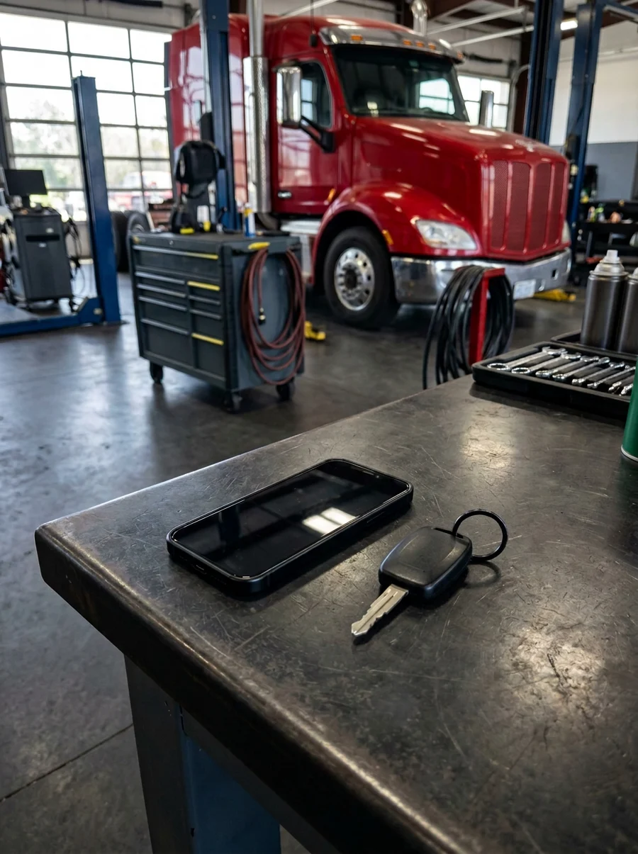 Smartphone and truck keys on a clean counter in a modern diesel repair workshop