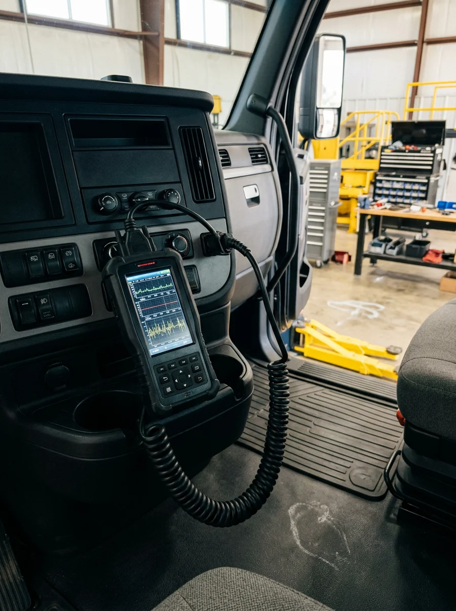 Diagnostic scanner connected to a heavy-duty truck diagnostic port in a clean workshop