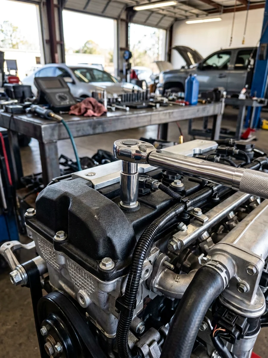 Torque wrench seated on a diesel engine valve-cover fastener in a modern workshop