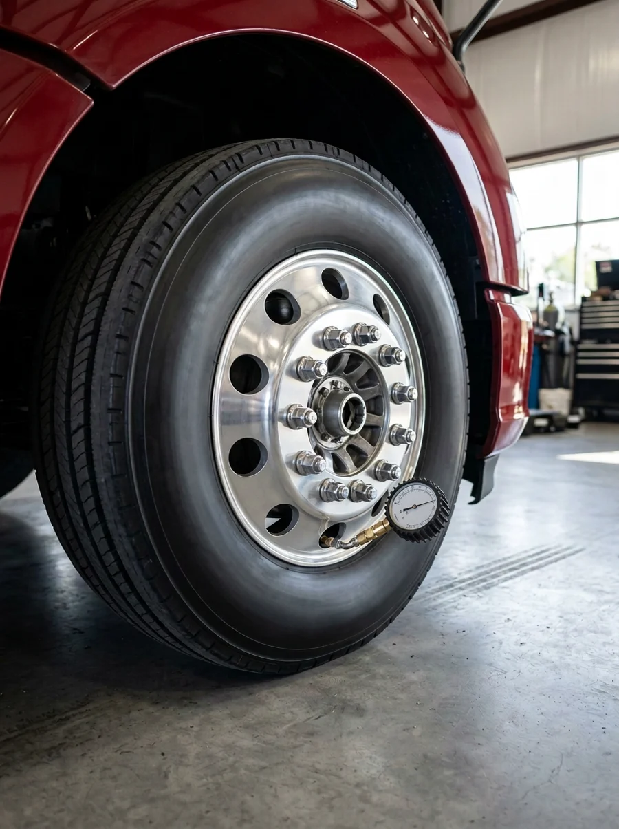 Analog tire-pressure gauge connected to a semi truck wheel valve in a clean repair bay