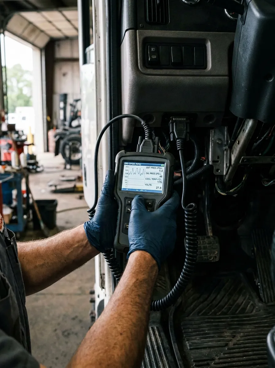 Handheld diesel diagnostic scan tool plugged into a semi truck diagnostic port
