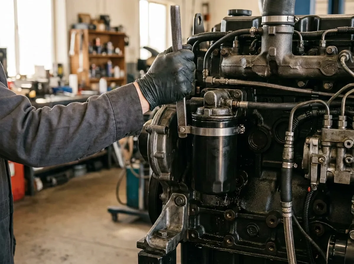 Band oil filter wrench removing a spin-on filter from a heavy-duty diesel engine