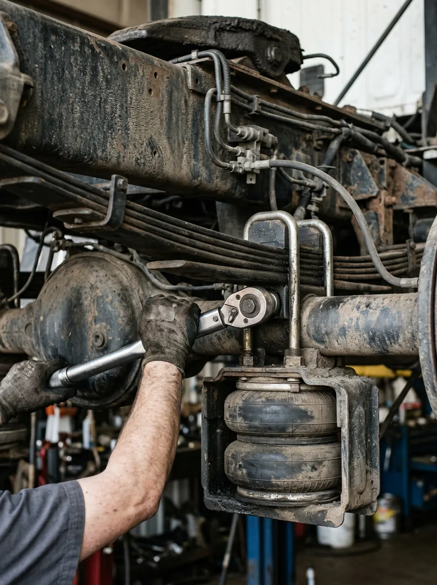 Click torque wrench tightening a U-bolt nut on heavy-duty truck leaf spring suspension
