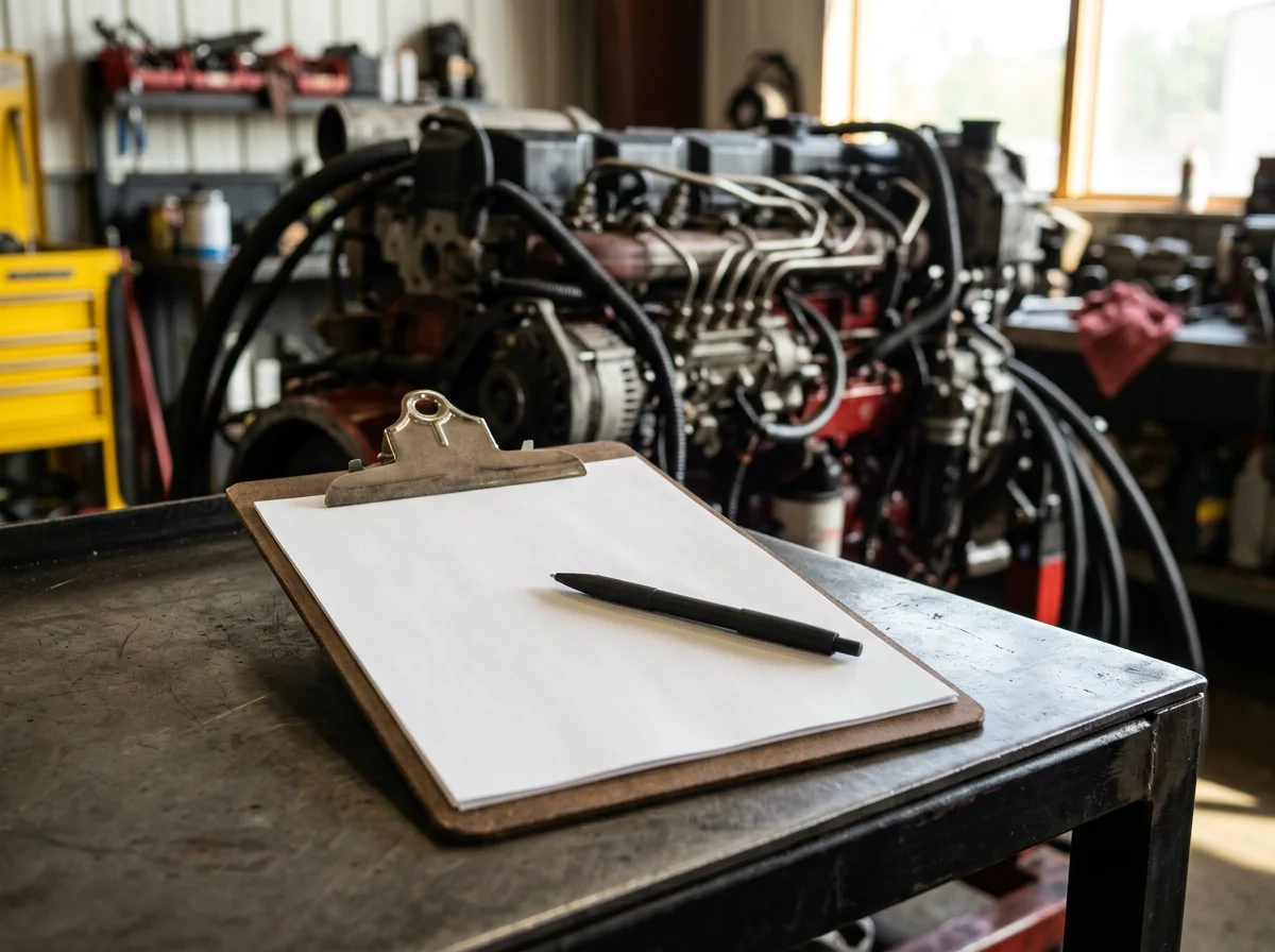 Blank repair estimate clipboard beside a diesel engine on a workshop counter