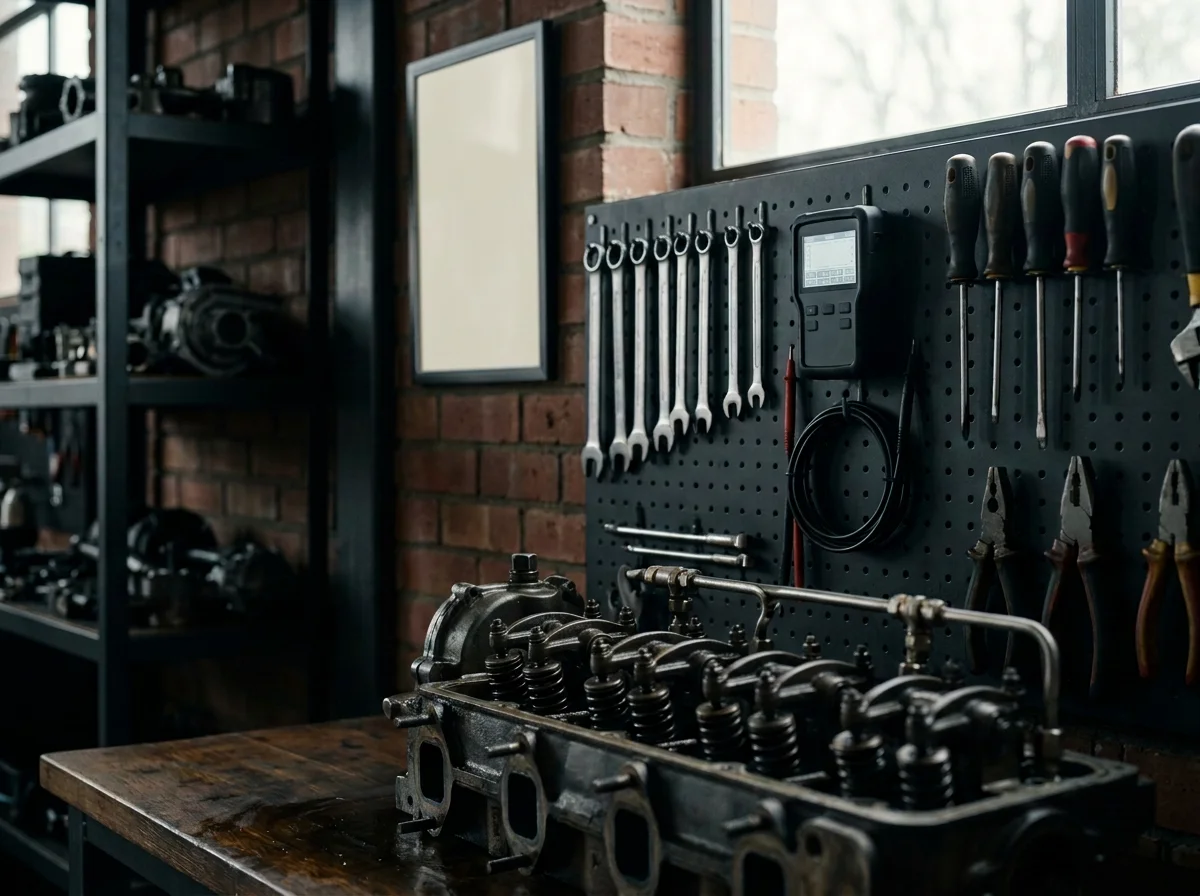 Organized diesel workshop with diagnostic equipment and an unmarked framed document