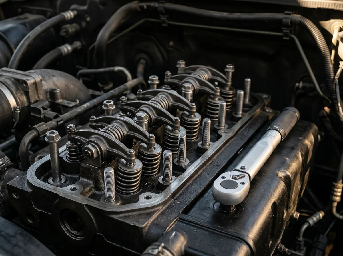 Precision diesel engine valve assembly with a torque wrench ready for inspection