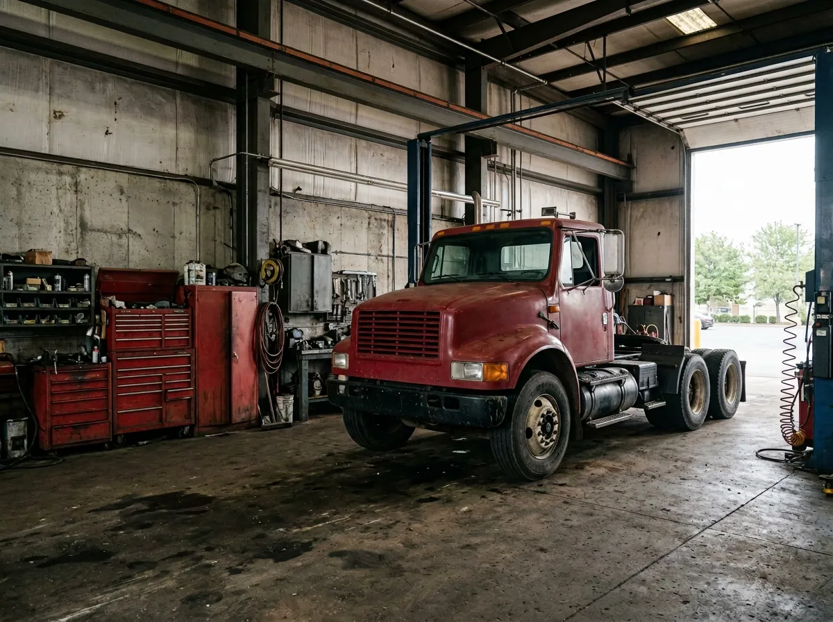 Red semi tractor inside a fully equipped heavy-duty truck service bay