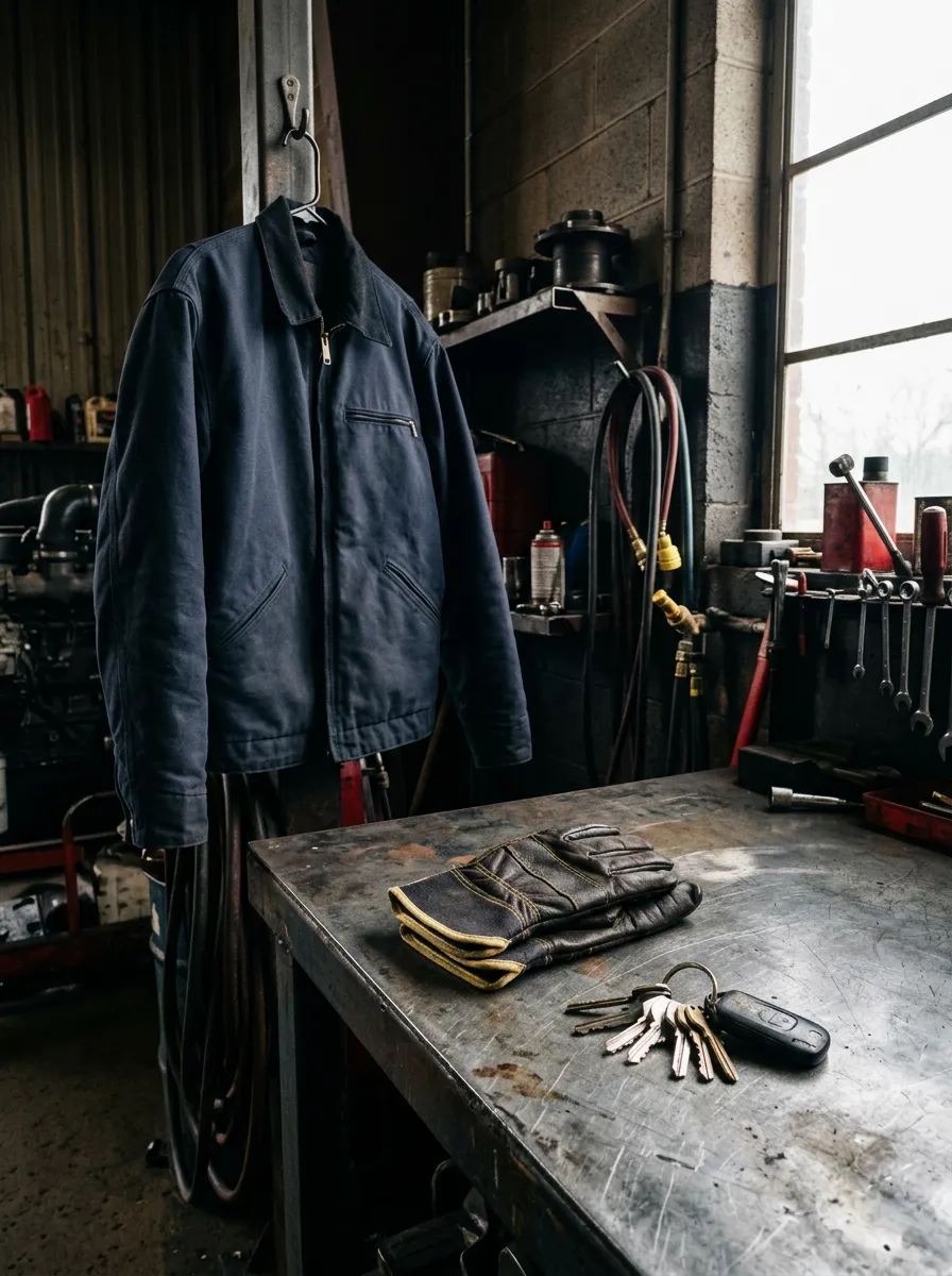 Diesel mechanic work jacket, gloves and truck keys in a heavy-duty repair shop