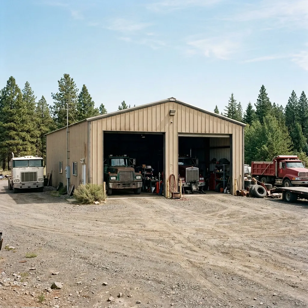 Rural metal-building diesel truck repair shop with two open service bays